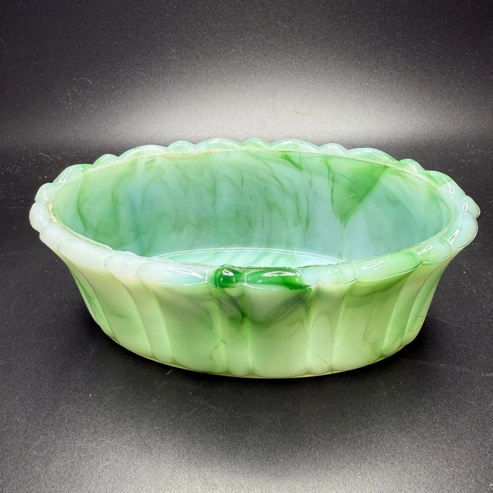 Vintage Akro Agate Green Slag Glass Oval Ribbed Planter Bowl Made in USA 6x3x2.5 - Picture 1 of 5